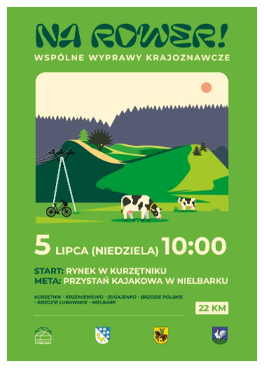 Plakat: hasło Na rower!, 5 lipca 10:00, Start: Rynek w Kurzętniku, Meta: Przystań kajakowa w Nielbarku