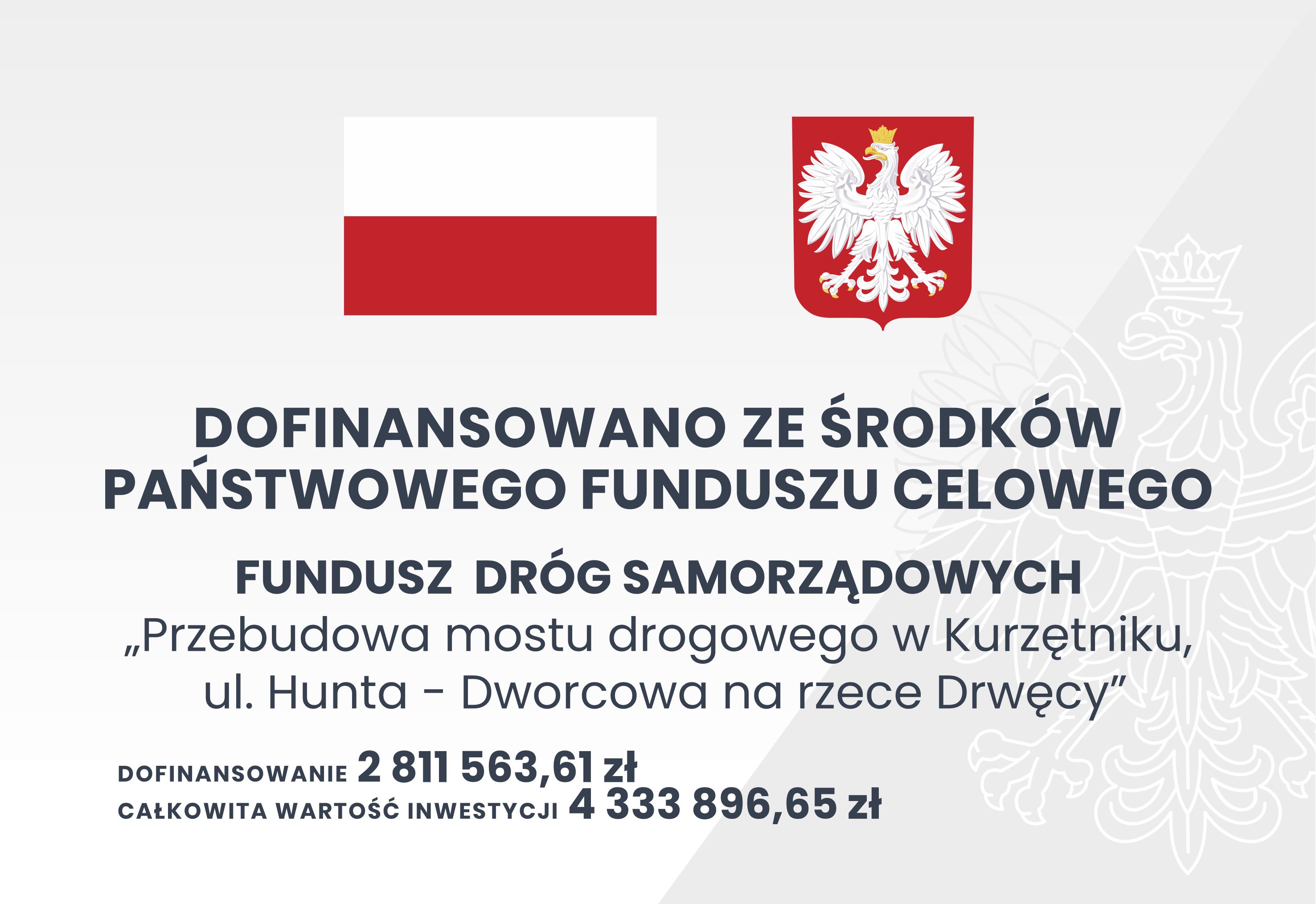 Dofinansowano ze środk&oacute;w państwowego funduszu celowego fundusz dr&oacute;g samorządowych "Przebudowa mostu drogowego w&nbsp;Kurzętniku, ul. Hunta - Dworcowa na&nbsp;rzece Drwęcy Dofinansowanie 2 811 563,61 zł całkowita wartość inwestycji 4 333 896,65